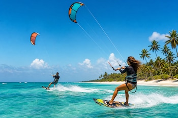Una mujer y un hombre navegan sobre tablas de kitesurf impulsadas por cometas cerca de una playa con palmeras.