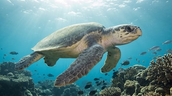 Tortuga lora nadando bajo el agua. Se observa un arrecife de coral con peces pequeños. La luz del sol ilumina el agua desde la superficie.