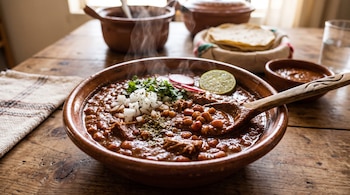 Un bowl de barro con pozole caliente, cebolla, cilantro, rábano, limón y una cuchara de madera sobre una mesa junto a tortillas y ollas.