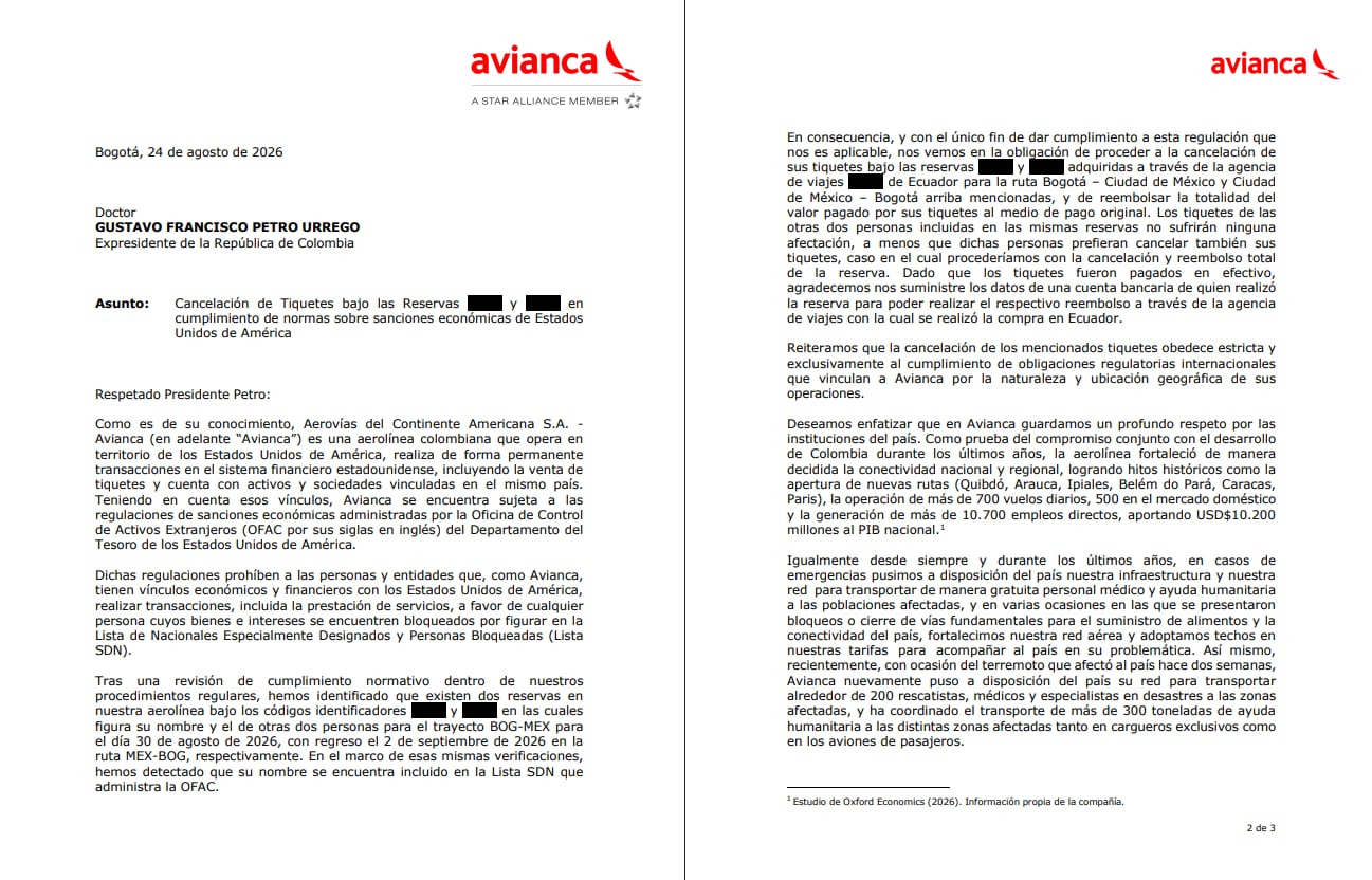 Avianca confirmó la cancelación de los tiquetes de Gustavo Petro para la ruta Bogotá-Ciudad de México por su inclusión en la lista Ofac - crédito Avianca