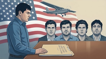 Ilustración de Mauro Alberto Núñez Ojeda junto a un expediente judicial de EE.UU., con la bandera estadounidense, una avioneta y los retratos de "Los Chapitos" al fondo.