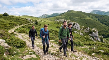 Cuatro personas con mochilas y bastones caminan por un sendero de piedra rodeado de vegetación y montañas.