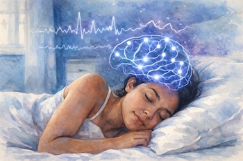 Ilustración acuarela de una mujer durmiendo de lado en la cama con sábanas blancas; sobre su cabeza, una silueta de cerebro azul brillante emite ondas eléctricas.