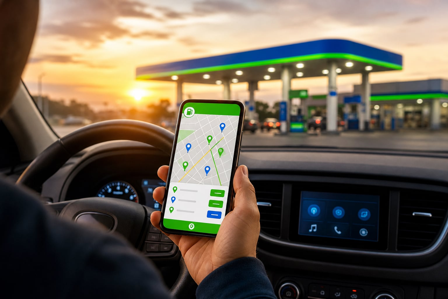 Un conductor utiliza una aplicación móvil de precios de combustible frente a una estación de servicio. (Imagen Ilustrativa Infobae)