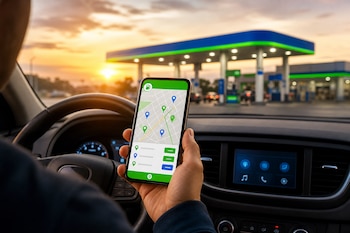 Una mano sostiene un teléfono inteligente con un mapa interactivo desde el interior de un automóvil frente a una estación de servicio.