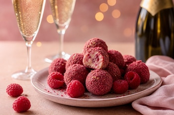 Plato con trufas rosadas y frambuesas frescas junto a dos copas con vino espumoso y una botella sobre fondo rosa con luces desenfocadas.
