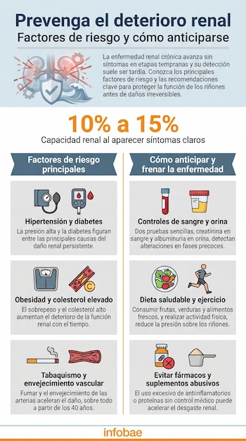 Infografía médica con el título 'Prevenga el deterioro renal', mostrando gráficos de riñones, factores de riesgo como hipertensión, diabetes y obesidad, y métodos de prevención.