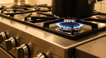 Primer plano de una estufa a gas natural de acero inoxidable con una olla negra sobre un quemador encendido, mostrando la distintiva llama azul y los controles plateados.