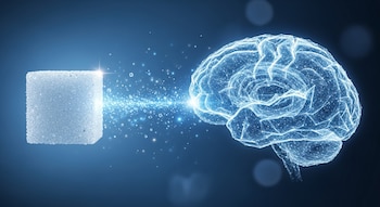 Un cubo de azúcar emite partículas de luz azul brillante hacia un cerebro humano estilizado, representado con líneas y puntos luminosos en un fondo oscuro.