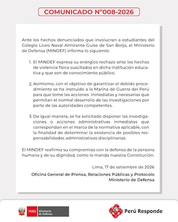 Documento oficial titulado Comunicado 008-2026 del Ministerio de Defensa de Perú con logotipos institucionales en el borde inferior