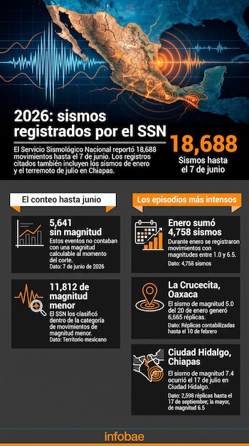 Infografía con un mapa de México con ondas sísmicas y recuadros explicativos con datos de sismos en el país.