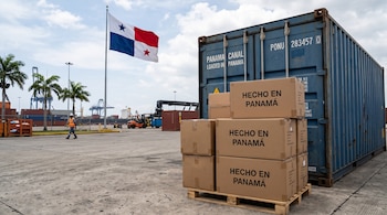 Cajas de cartón sobre una tarima de madera junto a un contenedor azul, con la bandera de Panamá y grúas portuarias al fondo.