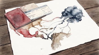Un pasaporte rojo, un billete de embarque y un mapa pintado con acuarela reposan sobre un papel blanco en una mesa de madera.