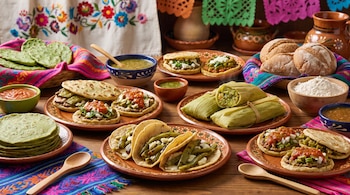 Platos de barro sobre una mesa con tacos, sopes, gorditas, tamales, tortillas verdes, salsas y utensilios tradicionales.