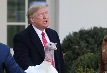 El presidente de Estados Unidos, Donald Trump, sostiene a un pavo durante un tradicional evento en la Casa Blanca antes del Día de Acción de Gracias, en Washington, Noviembre 26, 2019. REUTERS/Loren Elliott