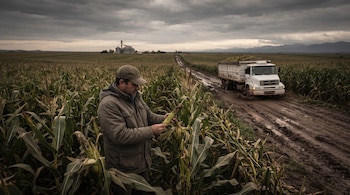 Productor observando la calidad del cultivo de maíz en un campo a cuyo lateral se observa un camino rural en mal estado, por el que circula un camión. La calle es de barro, dado que ha llovido y tiene marcados huellones.