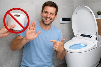 Um homem sorridente de camiseta azul rejeita um rolo de papel higiênico com um gesto de parar e aponta para um vaso sanitário branco inteligente com tampa aberta e luz azul.