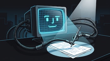 Monitor antiguo con rostro digital cian que sostiene un bolígrafo con sus cables y escribe sobre hojas de papel en un escritorio.