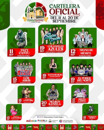 Cartel de la feria de Tlatlauquitepec. Muestra fechas, nombres y fotos de artistas musicales, eventos de lucha libre, rodeo y logotipos
