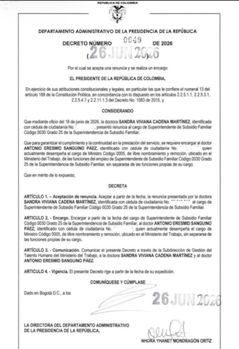 La Superintendencia de Subsidio Familiar oficializó la salida de Sandra Viviana Cadena y dejó a Antonio Sanguino como encargado provisional de la entidad - crédito Dapre