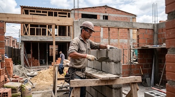 Un obrero con casco y gafas protectoras usa una cuchara de albañil para colocar bloques de concreto en el muro de una casa en construcción.
