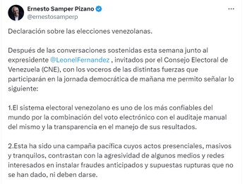 El exmandatario colombiano indicó que el sistema electoral en Venezuela es de los más confiables del mundo - crédito @ernestosamperp/X