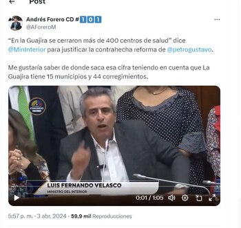 Andrés Forero habla de las palabras del ministro del Interior en el debate de la reforma a la salud - crédito @AForeroM