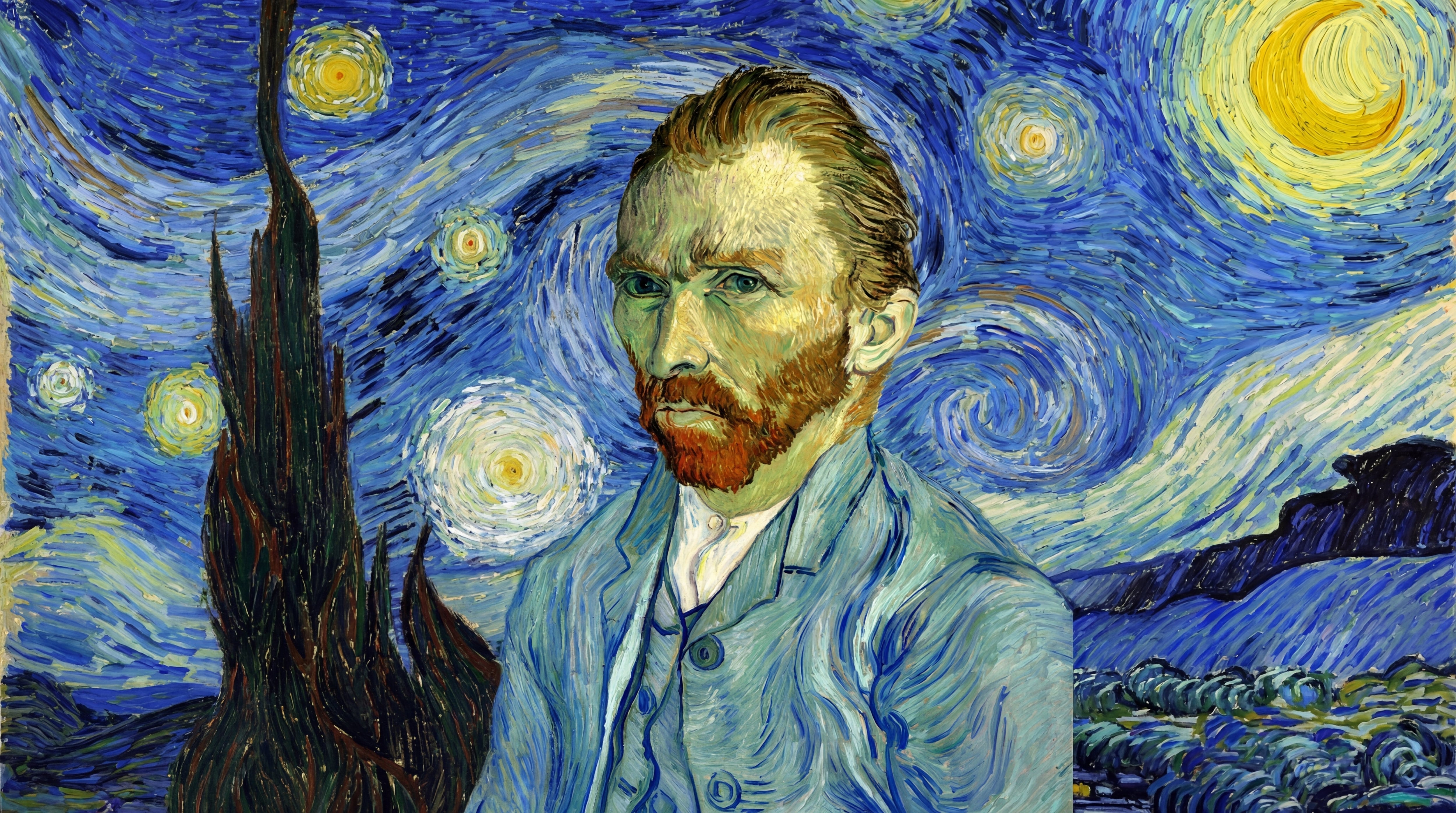 Un retrato de Vincent van Gogh, en su estilo posimpresionista, se fusiona con el icónico fondo de