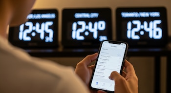 Persona configura celular con opciones de zona horaria. Detrás, tres relojes digitales muestran distintas horas y ciudades, incluyendo Los Ángeles y Toronto.