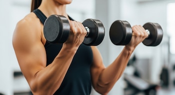 Primer plano de los antebrazos y manos de una mujer con una camiseta negra, levantando dos mancuernas oscuras en un gimnasio con fondo claro.