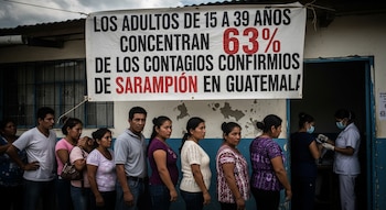 Una fila de diez personas espera frente a un edificio con un cartel blanco que indica contagios de sarampión en Guatemala, y dos enfermeras.