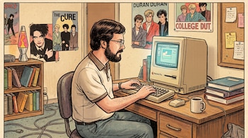 Ilustración de un hombre barbudo con gafas frente a una Macintosh Plus. La habitación tiene pósteres de The Cure y Duran Duran, una lámpara de lava y libros.