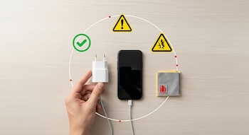 Mano conectando cargador blanco a teléfono móvil negro sobre madera clara. Incluye símbolo verificación verde, dos señales advertencia amarillas, manta ignífuga gris.