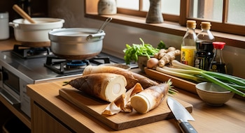 Brotes de bambú Takenoko pelados y sin pelar en una tabla de cortar de madera con un cuchillo en una cocina. Ollas, jengibre y cebolletas al fondo.