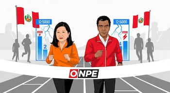 Ilustración de Keiko Fujimori (naranja) y Roberto Sánchez (rojo) corriendo en una pista hacia la meta ONPE. Banderas de Perú y barras de votación visibles al fondo.