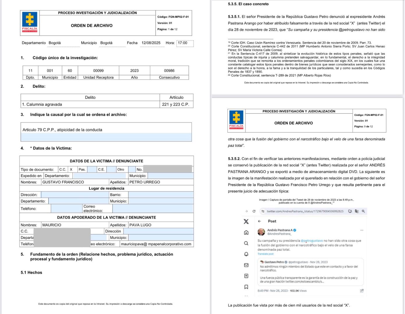La investigación había sido archivada previamente por la Fiscalía General de la Nación por considerar atípica la conducta - crédito Fiscalía General de la Nación