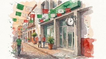 Ilustración en acuarela de una calle con papel picado, peatones con bolsas y un banco con un cartel de horario festivo y un reloj a las dos.
