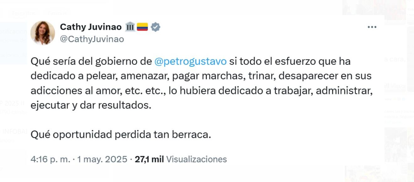 Catherine Juvinao, aludida por Petro durante su discurso durante el Día del Trabajo, respondió a sus señalamientos - crédito @CathyJuvinao/X