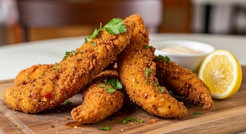 Varias tiras de pollo frito sobre una tabla de madera, decoradas con perejil, acompañadas de medio limón y un cuenco con salsa.