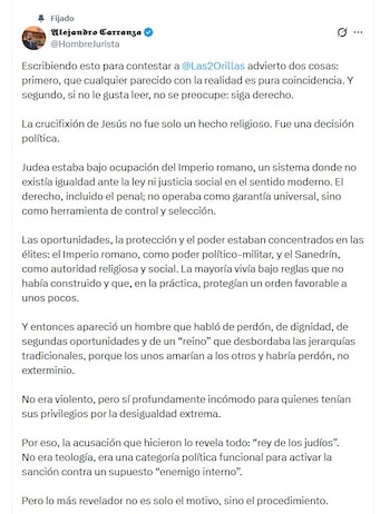 Alejandro Carranza publicó un mensaje que reinterpretó la crucifixión de Jesús desde la política, cuestionando la versión religiosa tradicional - crédito @HombreJurista/X