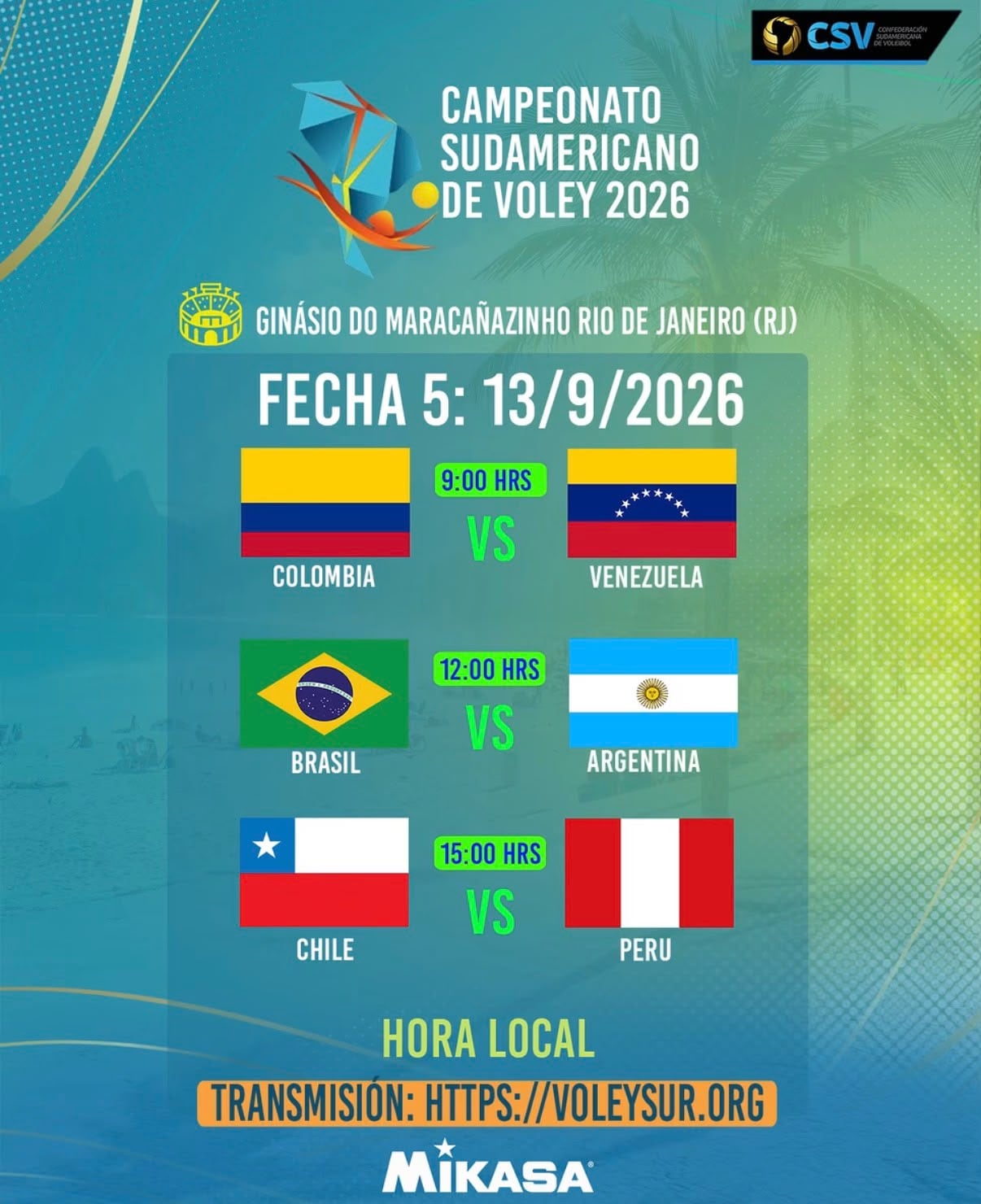 Programación de la fecha 5 del Campeonato Sudamericano de Vóley 2026.