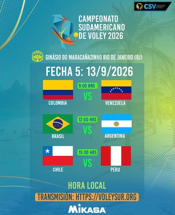 Programación de la fecha 5 del Campeonato Sudamericano de Vóley 2026.