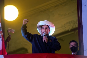 Pedro Castillo, presidential candidate for the Peru Libre party, speaks to supporters in Lima, Peru, on Thursday, June 10, 2021. Peru's leftist presidential candidate Pedro Castillo indicated his party won Sunday's election, his strongest comments yet about the result of a vote that has roiled markets in the South American country.