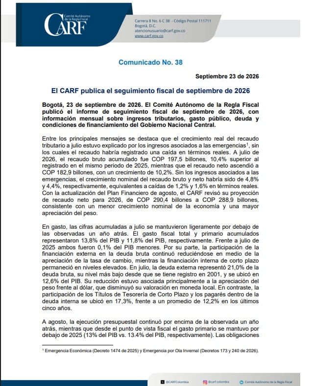 El Carf dice que a julio de 2026 el gasto fiscal total y primario acumulados representaron 13,8% del PIB y 11,8% del PIB, respectivamente - crédito Carf