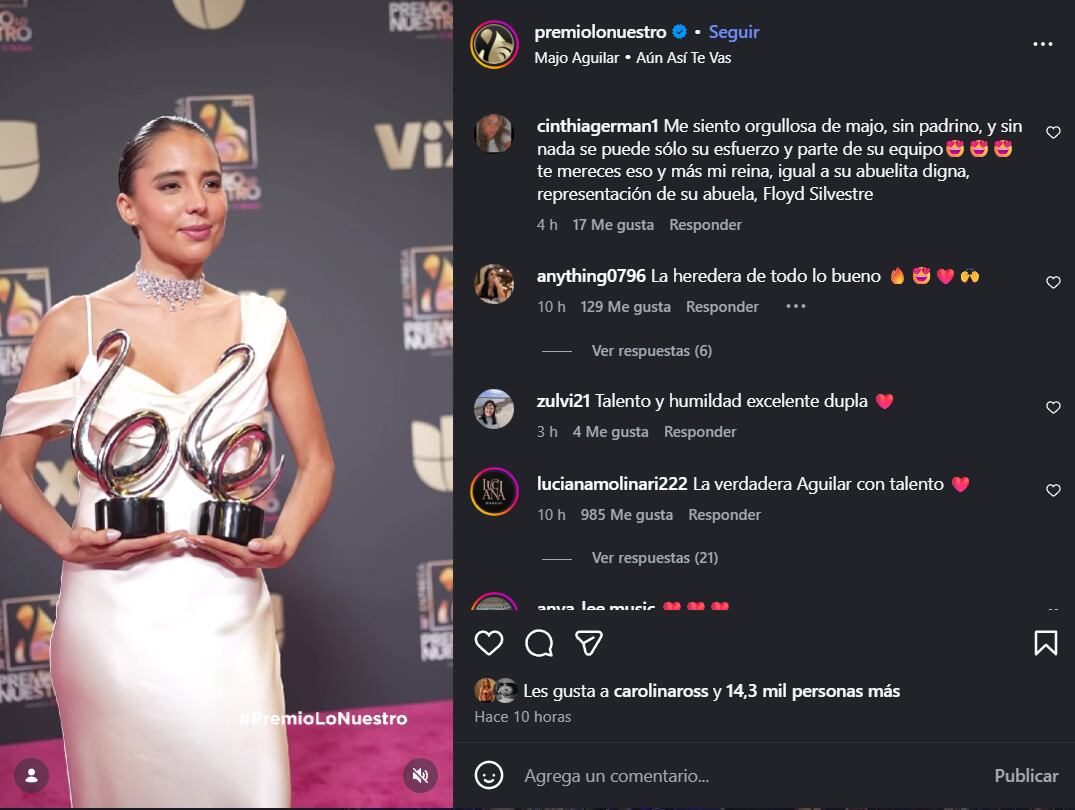 Reacciones en redes sociales al triunfo de Majo Aguilar. (Premios Lo Nuestro / Instagram)