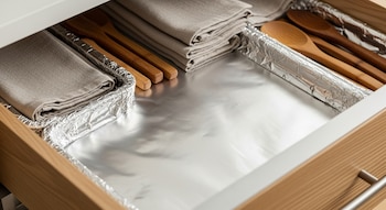Primer plano de un cajón de cocina abierto con forro de papel de aluminio brillante sobre su base de madera. En el interior se ven servilletas de lino dobladas y cucharas de madera.