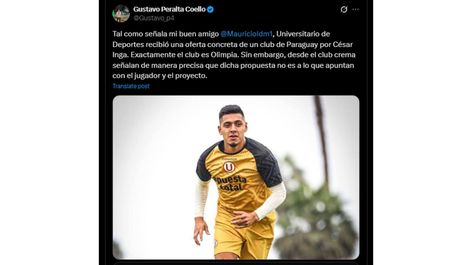 Olimpia deberá mejorar la oferta si quiere fichar a César Inga de Universitario de Deportes.