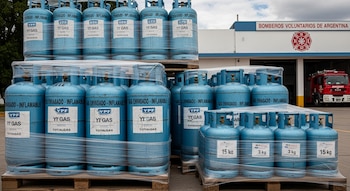 Pallets de garrafas de gas YPF envueltas en plástico, listas para entrega. Al fondo, un edificio de Bomberos Voluntarios de Argentina con una autobomba roja.