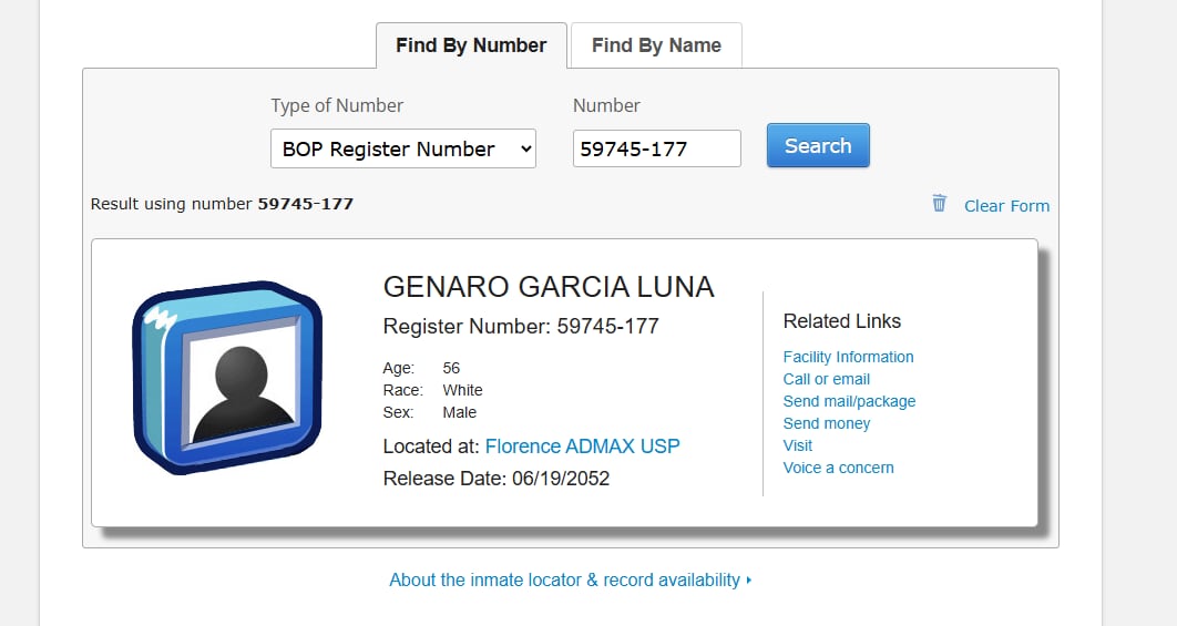 Genaro García Luna fue trasladado a otra prisión. (BOP/Captura de pantalla)