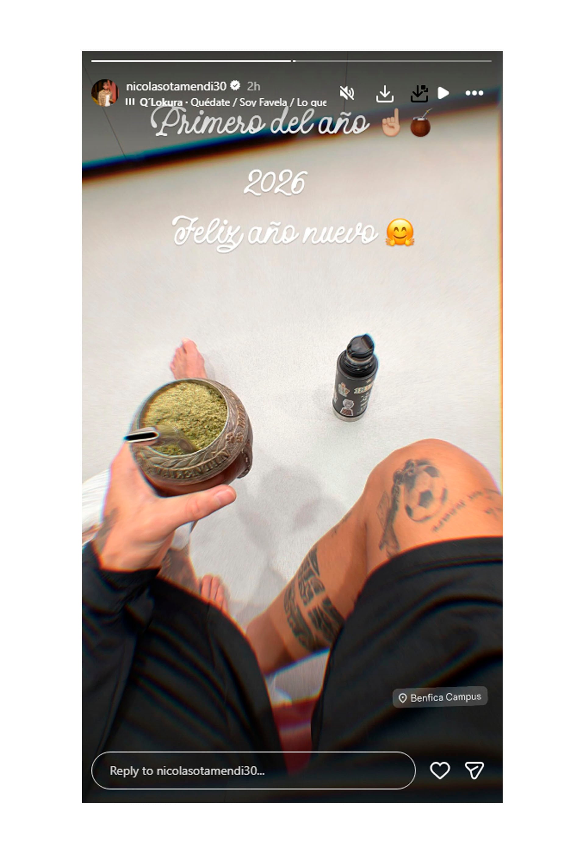 Nicolás Otamendi y un Año Nuevo particular: subió una foto entrenando durante las primeras horas del 2026 en el campo de entrenamiento del Benfica